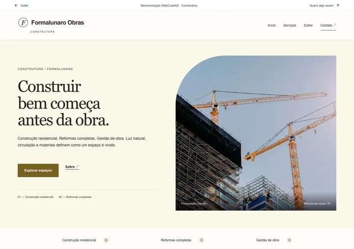 Demonstração WebCodeAZ: Formalunaro Obras · Construtora