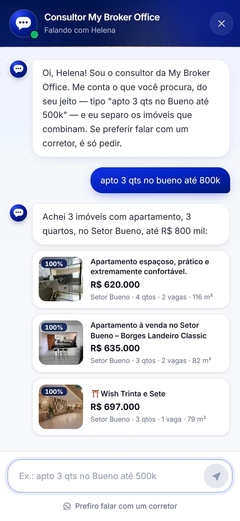 My Broker Office — Consultor virtual com imóveis do estoque. Telas reais do sistema em ambiente de demonstração. Nomes, contatos, conversas e valores administrativos exibidos são dados fictícios; não representam resultados comerciais.