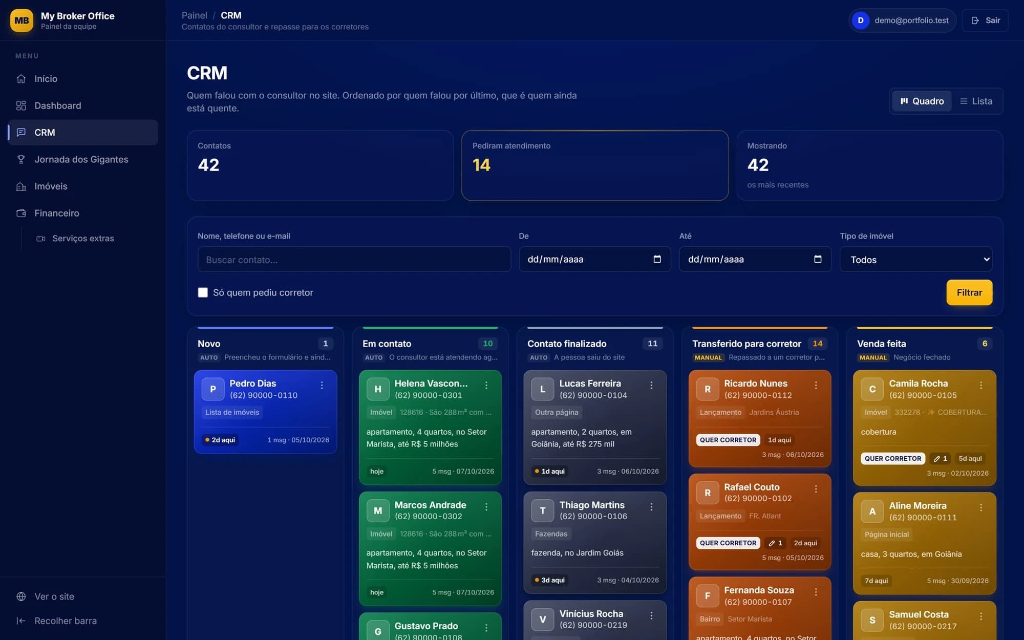 My Broker Office — CRM com contatos organizados em funil. Telas reais do sistema em ambiente de demonstração. Nomes, contatos, conversas e valores administrativos exibidos são dados fictícios; não representam resultados comerciais.