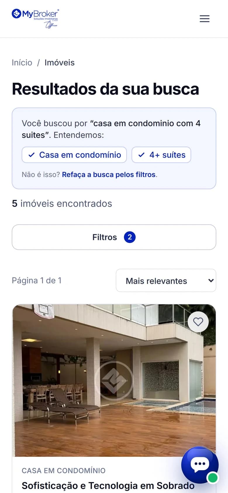 Resultados e filtros no celular