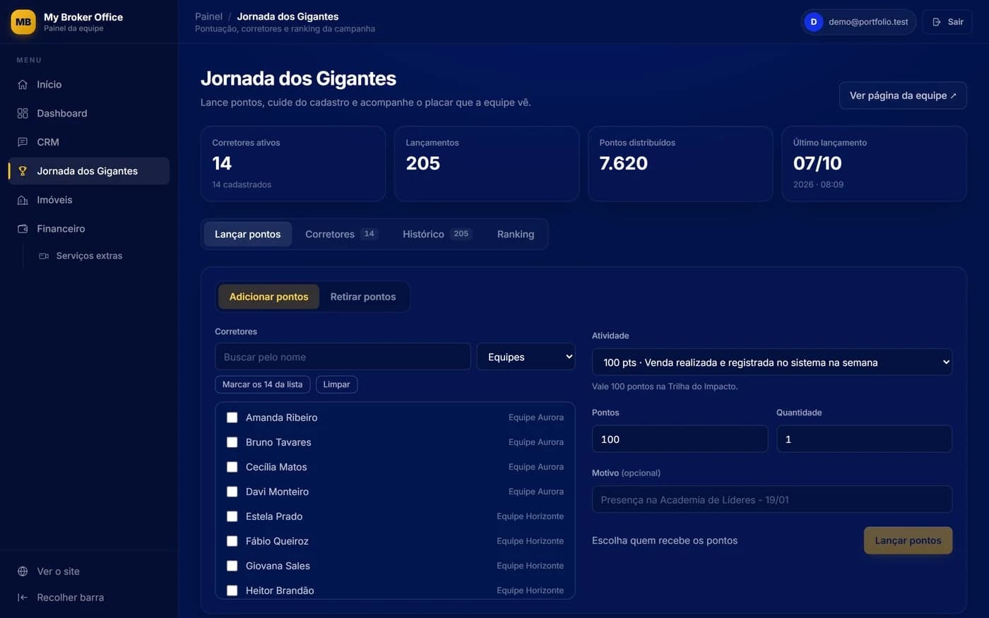 My Broker Office — Campanhas da equipe: pontuação e ranking. Telas reais do sistema em ambiente de demonstração. Nomes, contatos, conversas e valores administrativos exibidos são dados fictícios; não representam resultados comerciais.
