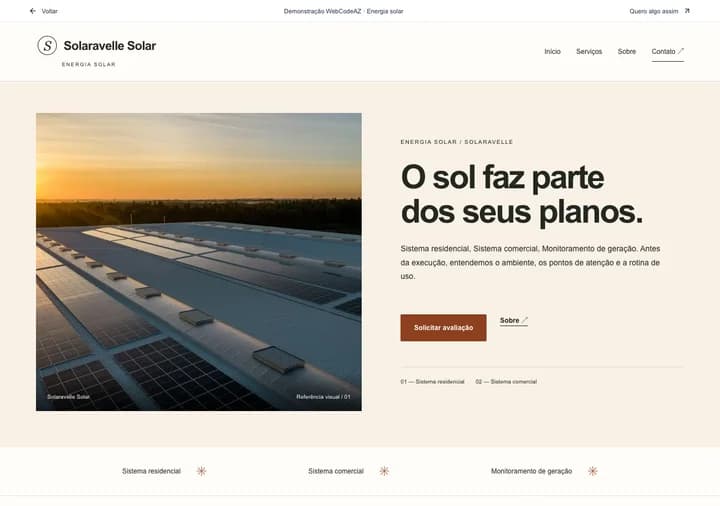 Demonstração WebCodeAZ: Solaravelle Solar · Energia solar