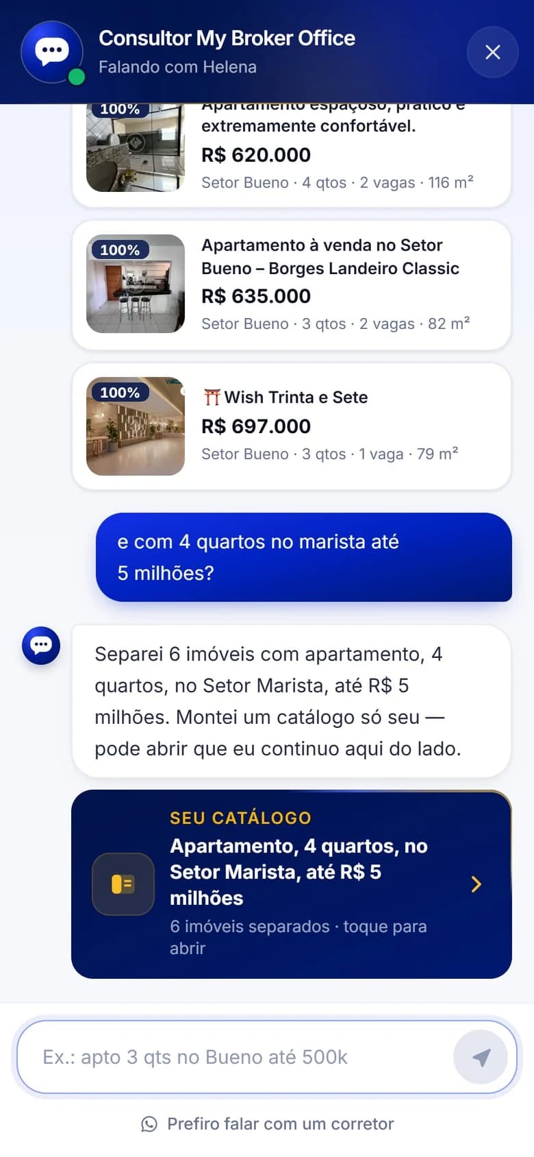 My Broker Office — Catálogo personalizado no consultor. Telas reais do sistema em ambiente de demonstração. Nomes, contatos, conversas e valores administrativos exibidos são dados fictícios; não representam resultados comerciais.